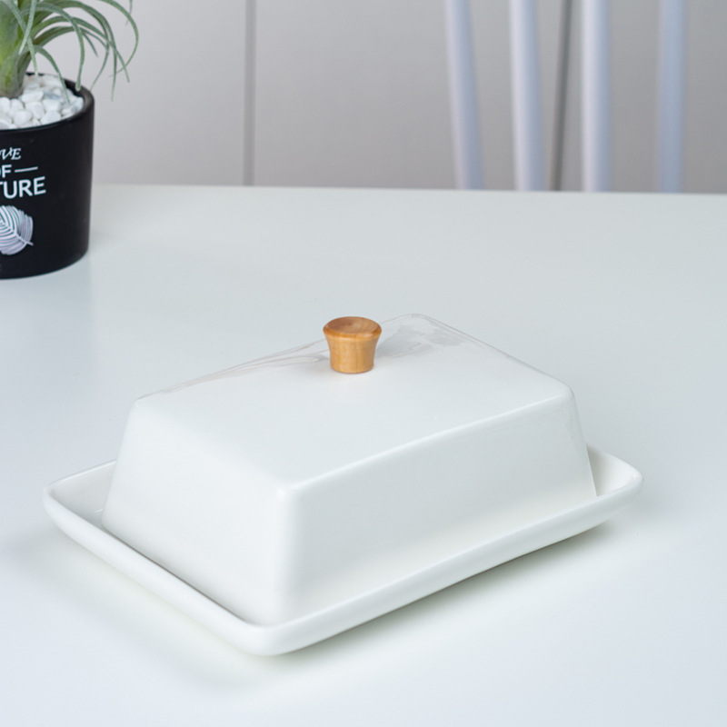 Bread Box Bamboo - Ceramic bamboo wood butter dish with