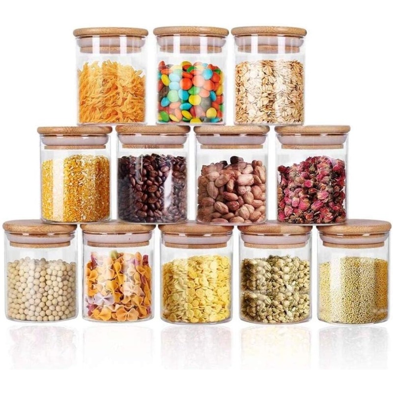 Food Storage Glass Containers Large - 12 Glass Jars Set with Bamboo