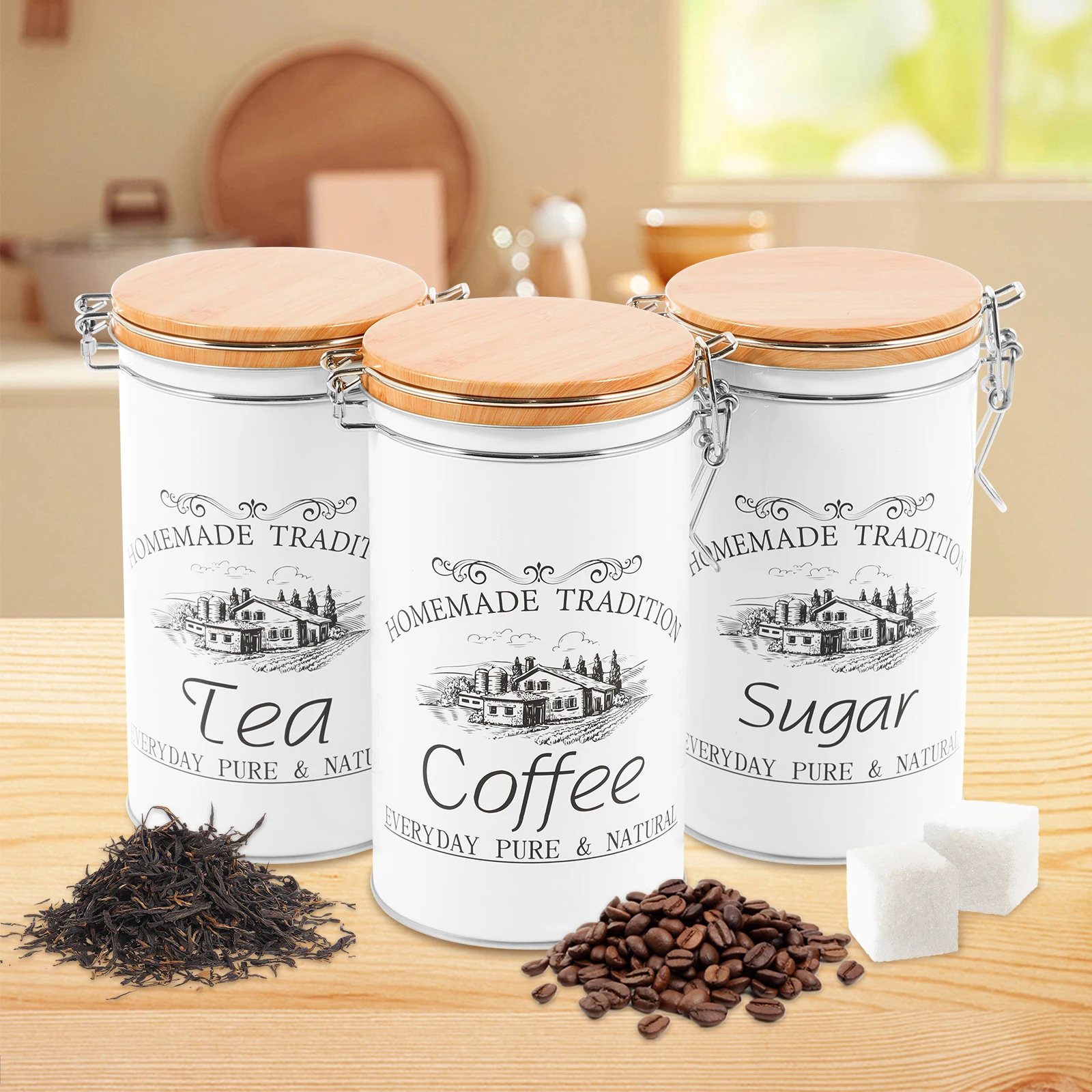 Food Storage Kitchen Container Set - 3Pcs/Set Tea Coffee Sugar Canisters Metal