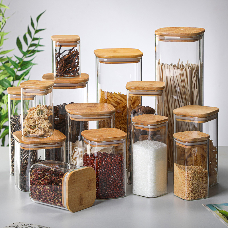 Food Storage Glass Box - Bamboo Glass Tins Transparent Storage Bottles